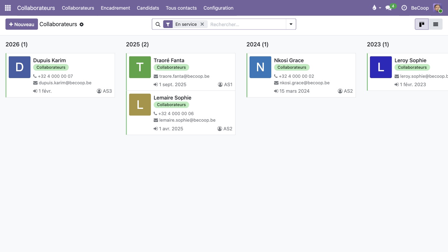 Application Collaborateurs : les fiches en cartes, regroupées par année d'engagement