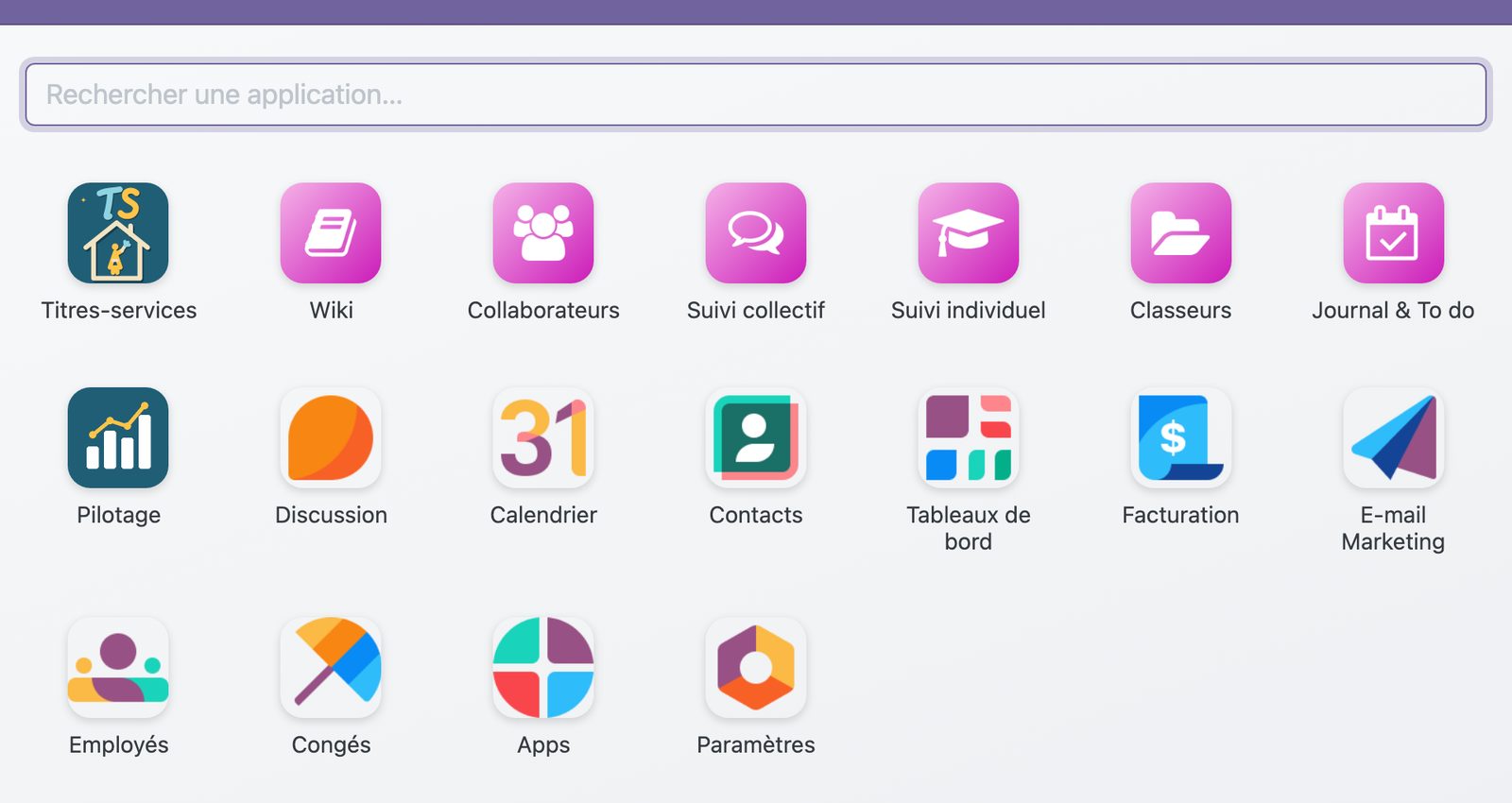 Les applications sur une même base Odoo : Titres-services, Pilotage, et les applications Staff-Suite (Wiki, Collaborateurs, Suivi collectif, Suivi individuel, Classeurs, Journal et To do)