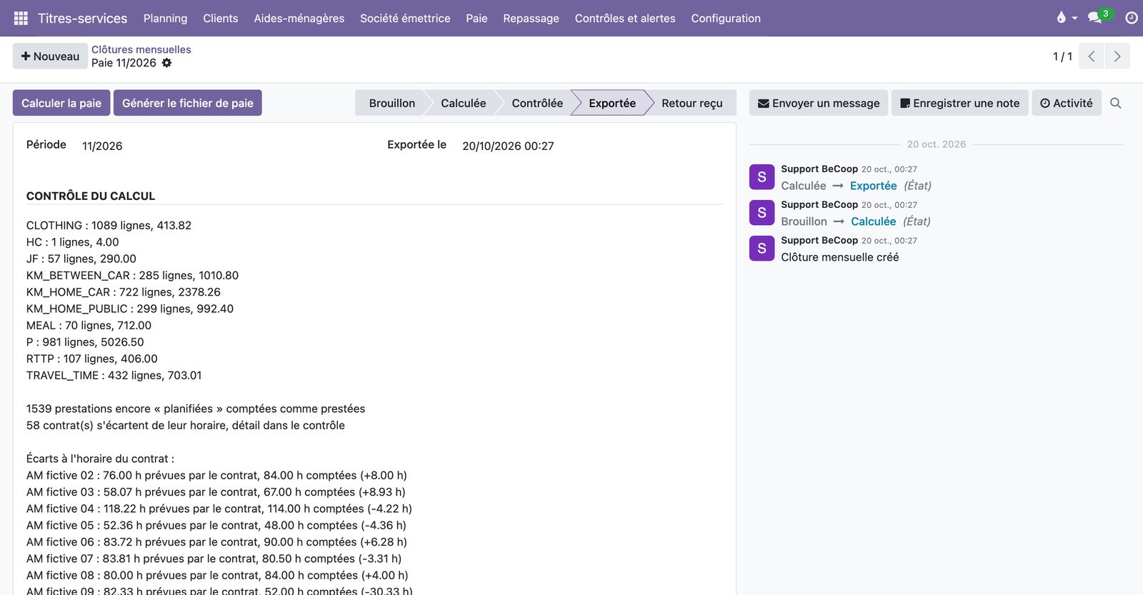 Clôture mensuelle de la paie : calcul, contrôle ligne par ligne, fichier généré pour le secrétariat social et écarts à l'horaire du contrat