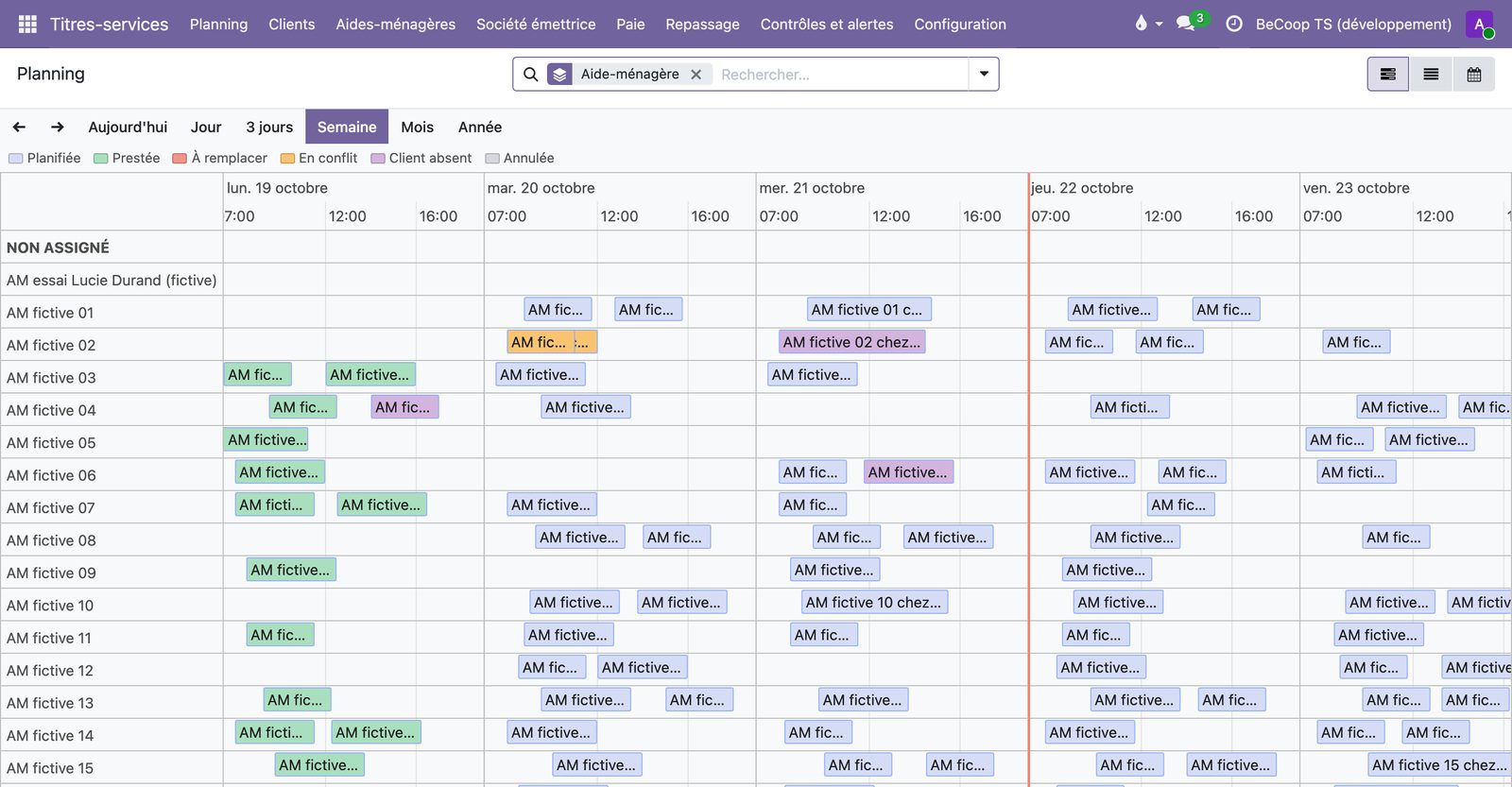 Le planning de la semaine, une ligne par aide-ménagère, avec une légende de couleurs : planifiée, prestée, à remplacer, en conflit, client absent, annulée