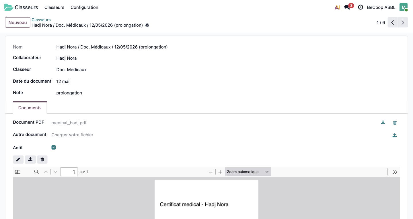 Application Classeurs : fiche d'un document avec visionneuse PDF intégrée