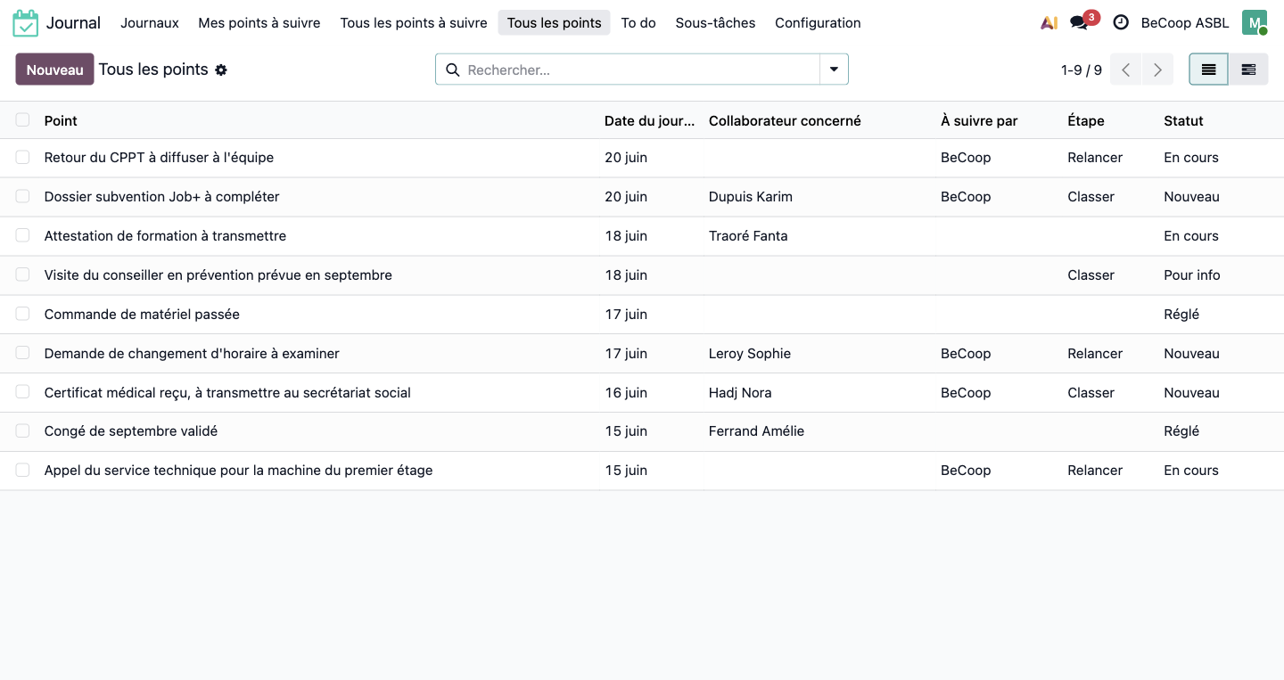 Application Journal : liste des points consignés, avec statut et responsable du suivi