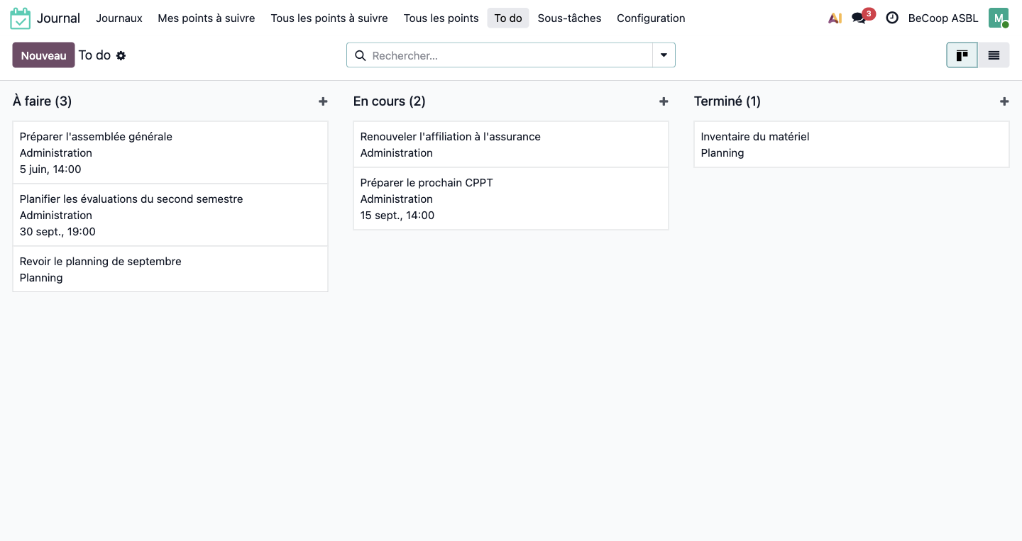 Application To do : tableau Kanban par étape, À faire / En cours / Terminé
